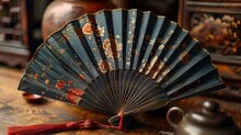 a blue fan with red flowers