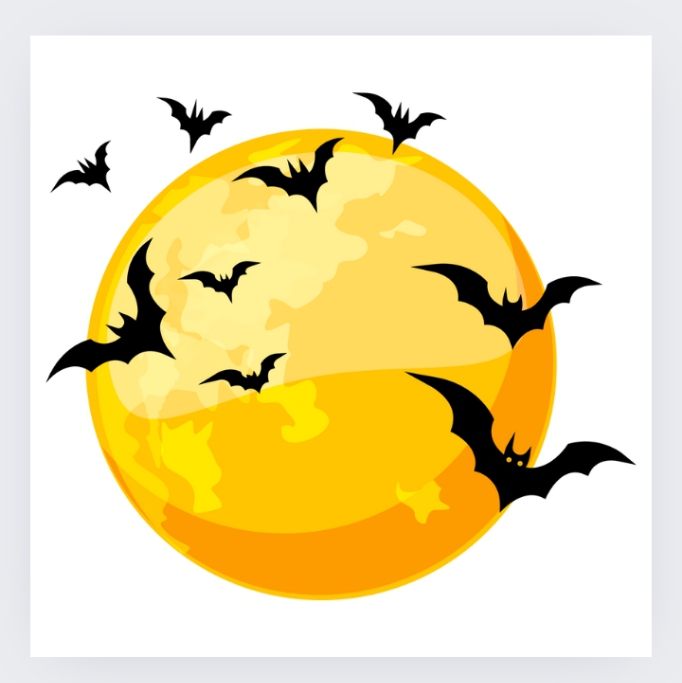 a yellow moon with black bats