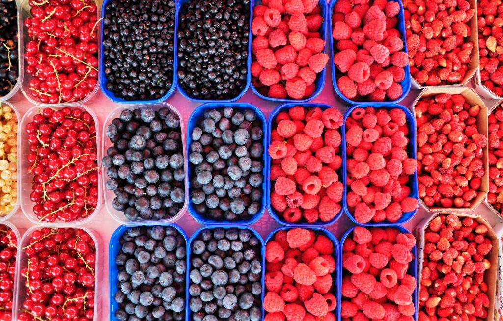 a group of blue containers of berries