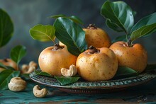 a plate of fruit with leaves