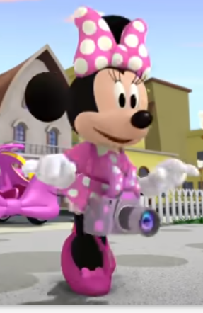 a cartoon character in pink with a camera