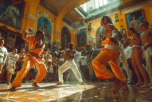 a group of men in yellow clothes dancing in a room with a large crowd