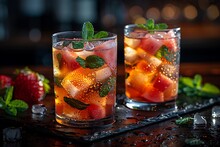 two glasses of liquid with ice and fruit