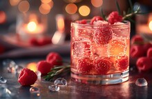 a glass of raspberries and ice