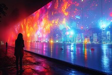 a woman standing in front of a large wall with colorful lights