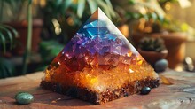 a pyramid shaped object with colorful crystals