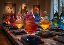 a group of colorful glass objects