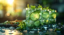 a group of glasses with cucumber slices and mint leaves