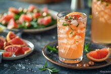 a glass of liquid with ice and orange slices on a plate