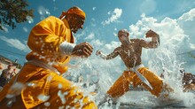 a group of men fighting in water