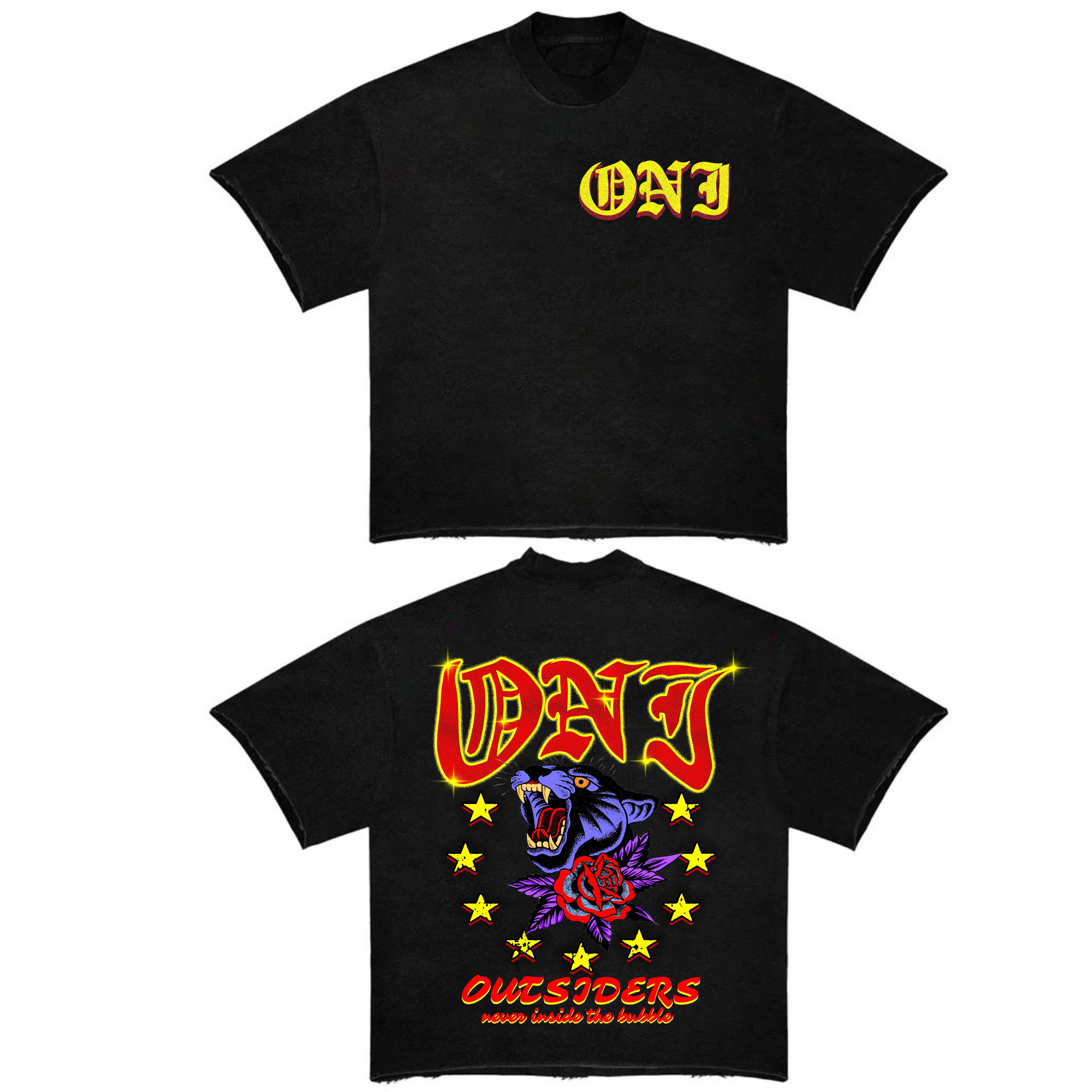 a black t-shirt with yellow and red text