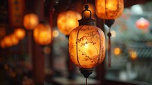 a group of lanterns from a ceiling