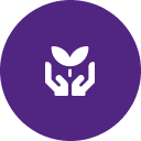 a purple circle with a white logo and a leaf in it