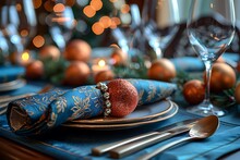 a table setting with a napkin and ornaments