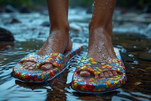 a person wearing flip flops standing in water