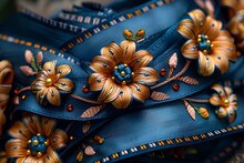 a blue ribbon with orange flowers