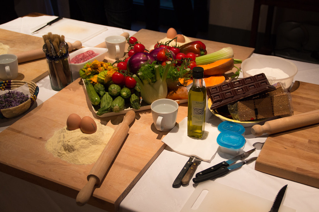 a table with food ingredients and utensils