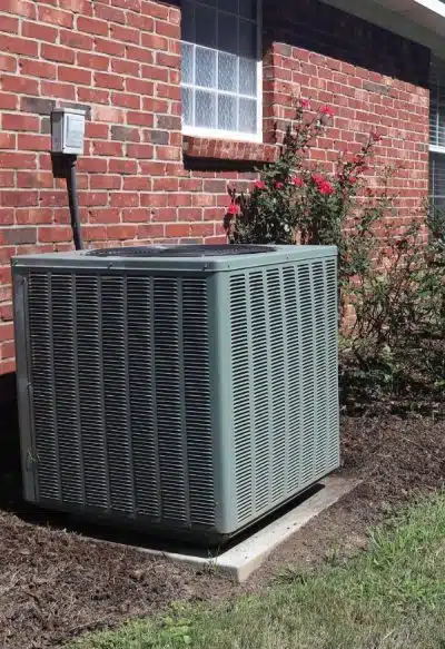 a heat pump outside of a brick building