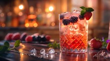 a glass of drink with berries and ice on a bar counter