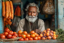 a man with a beard and mustache standing in front of a table full of oranges