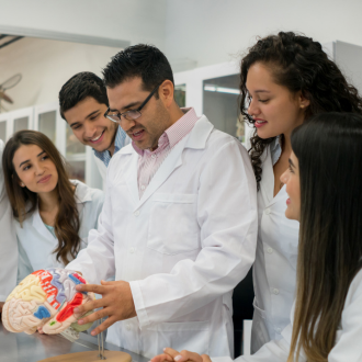 a group of people in lab coats looking at a model of a brain