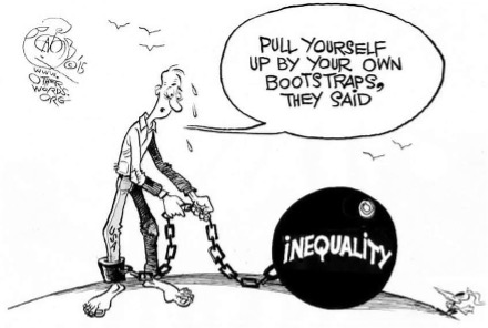 cartoon of a man chained to a ball with a ball and a ball with text above