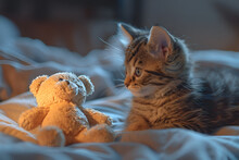 a cat lying on a bed next to a stuffed bear