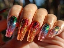 a hand with long nails with colorful glitter