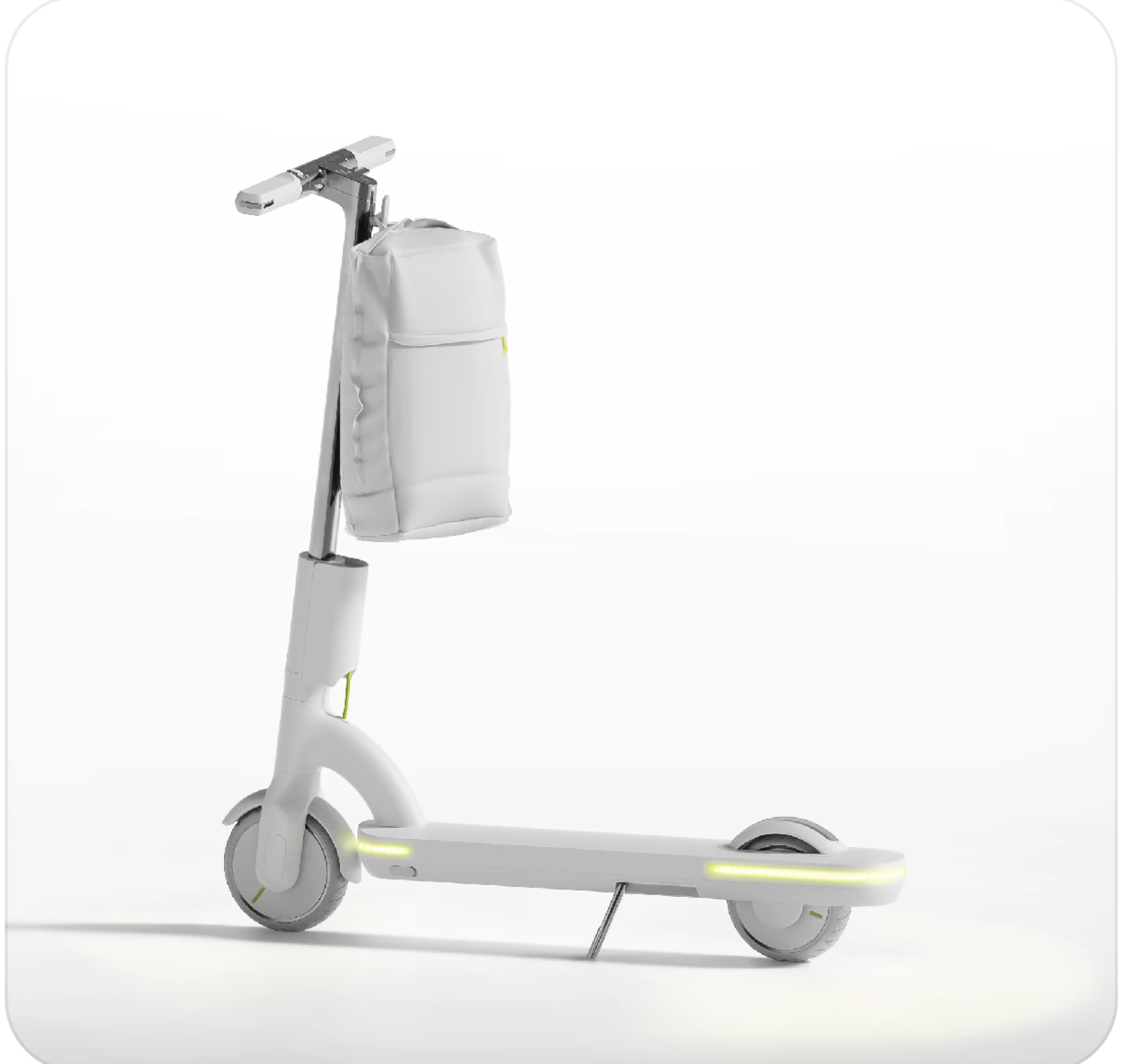 a white scooter with a bag on it