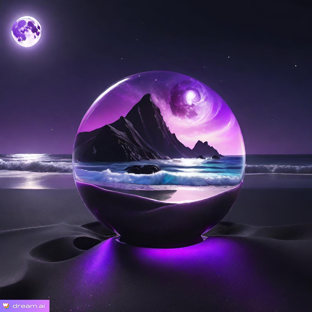 a purple and purple landscape in a glass ball on a beach