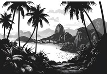 a black and white image of a beach with palm trees