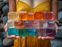 a person holding a group of colorful cubes