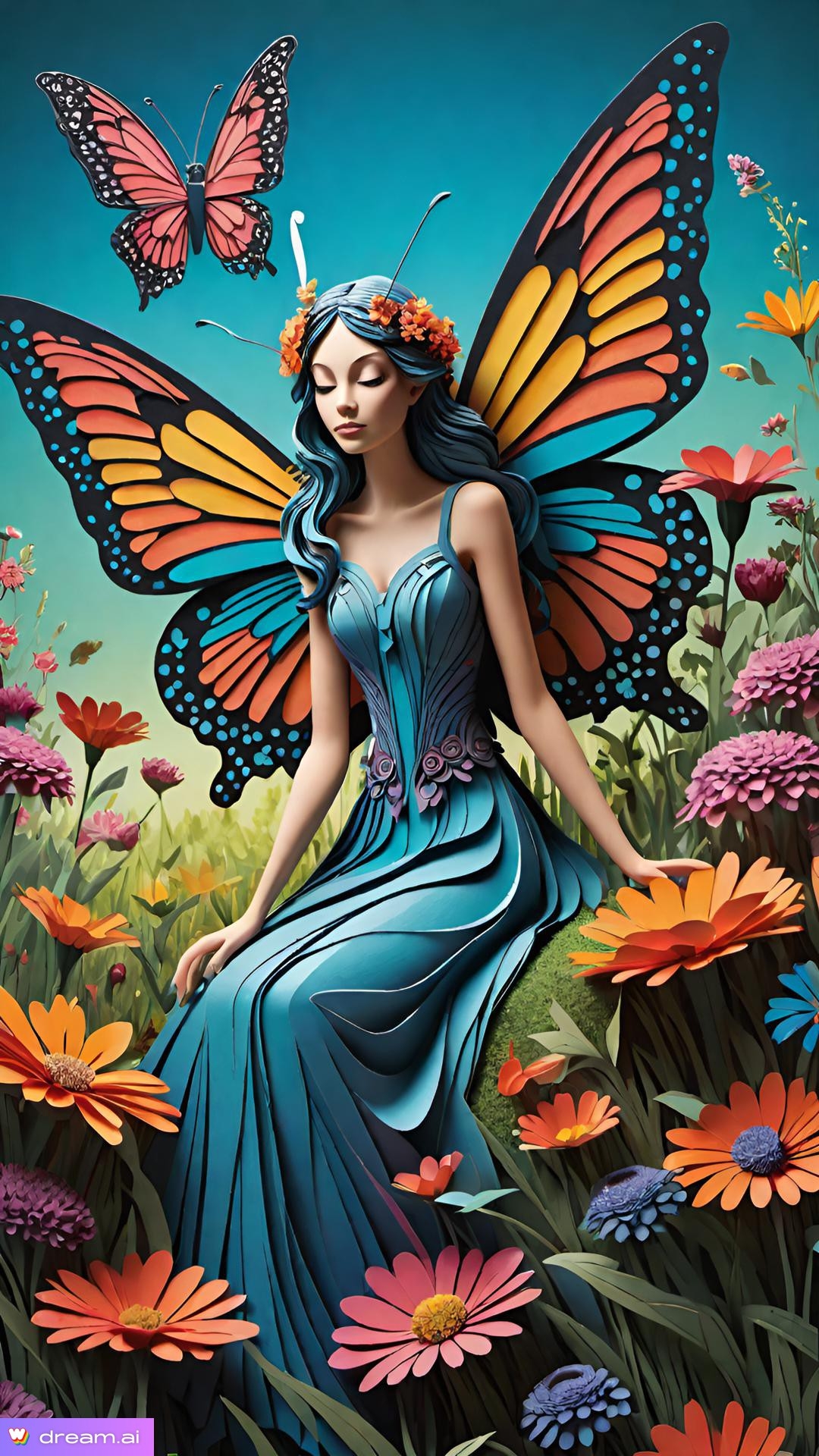 a woman in a blue dress with butterfly wings and flowers
