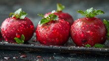 a group of red apples with leaves