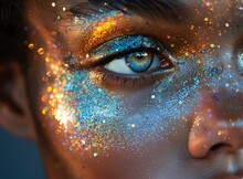 a close up of a woman's face with glitter on her face