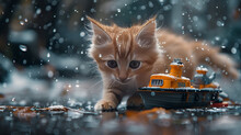 a cat walking next to a toy boat