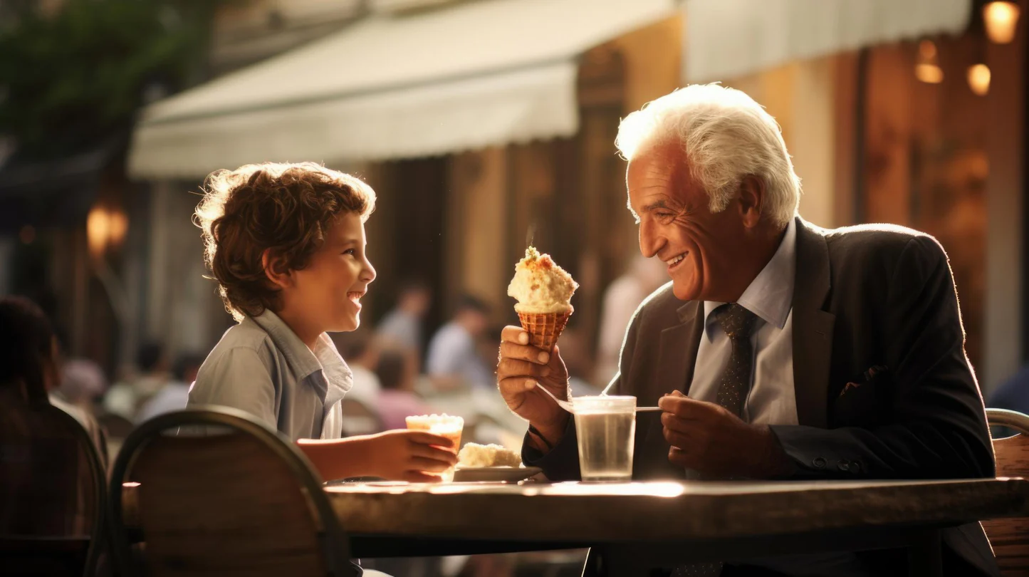 a man and boy eating ice cream