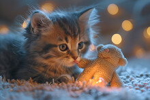 a kitten licking a stuffed animal