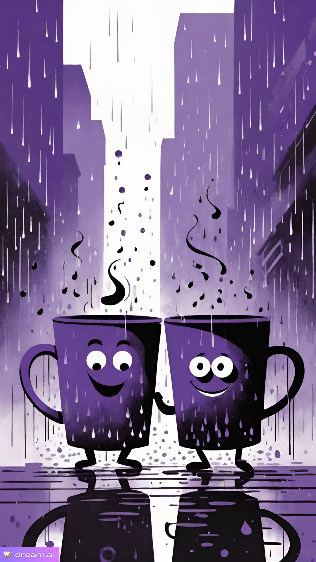 a couple of purple cups with eyes and a face standing in the rain