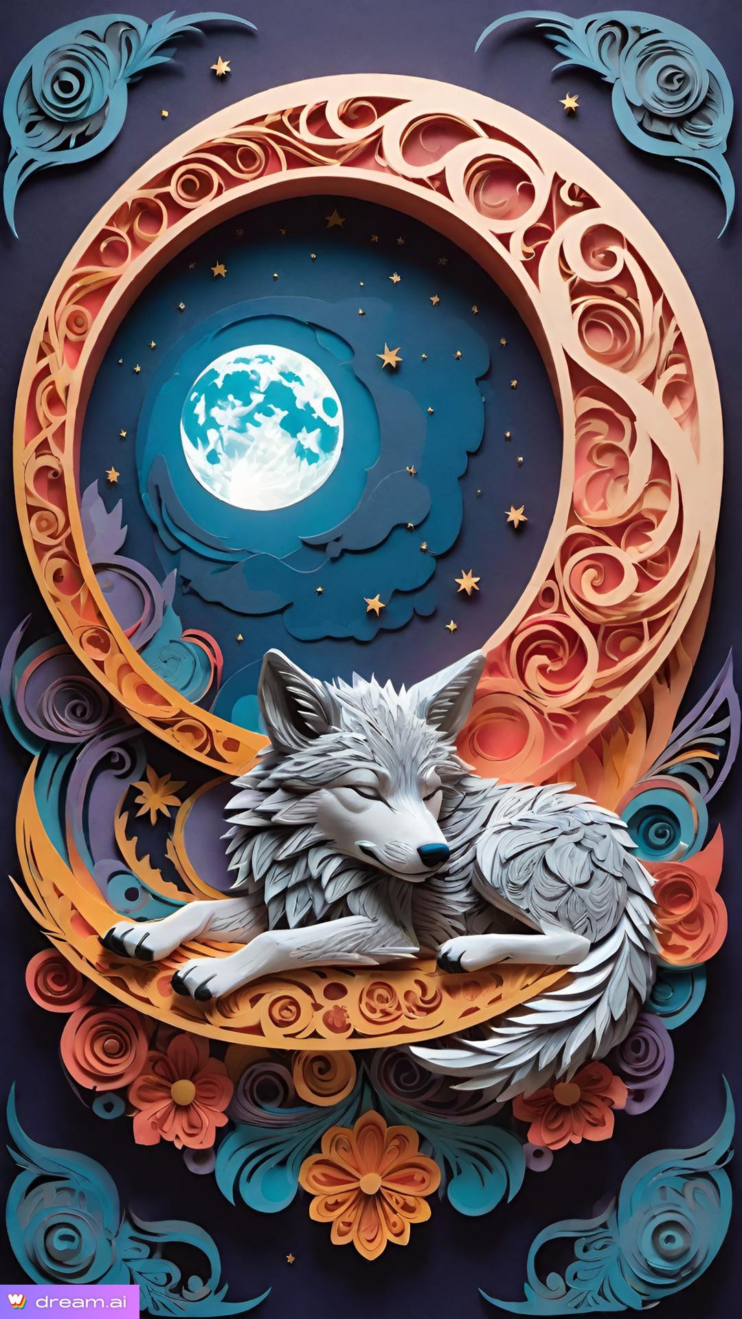 a paper cut out of a wolf sleeping on a moon