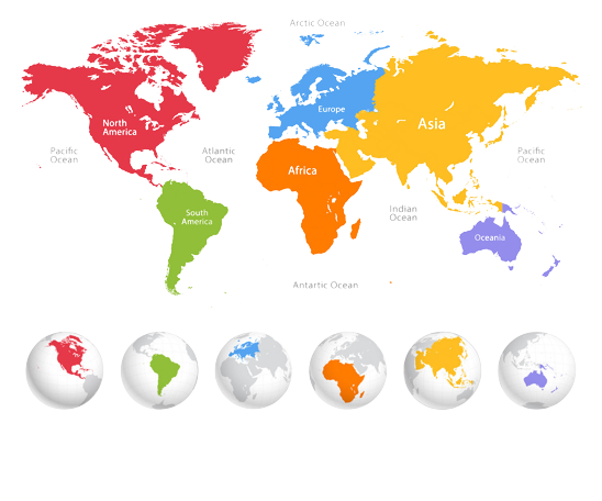 a map of the world with different colored continents