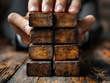 a person's hands on a stack of wooden blocks