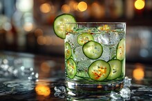 a glass of water with cucumbers and ice