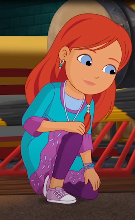 cartoon girl with red hair and purple dress