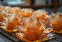 a group of glass flowers