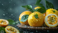 a plate of fruit with water drops