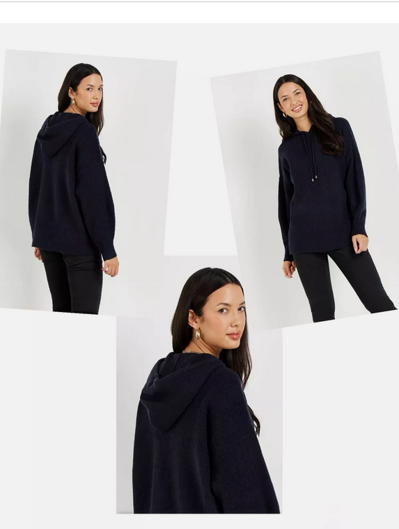 a collage of a woman in a black sweater