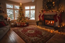 a room with a christmas tree and fireplace