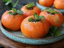 a plate of oranges with leaves on top