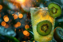 a drink with kiwi slices in a glass